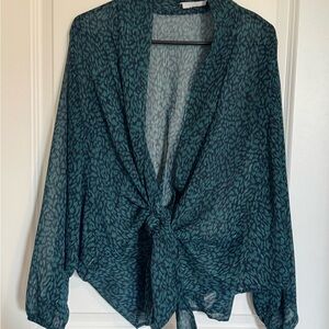 Deep Dark Teal Leopard Animal Print Patterned Women's Top Wrap Blouse